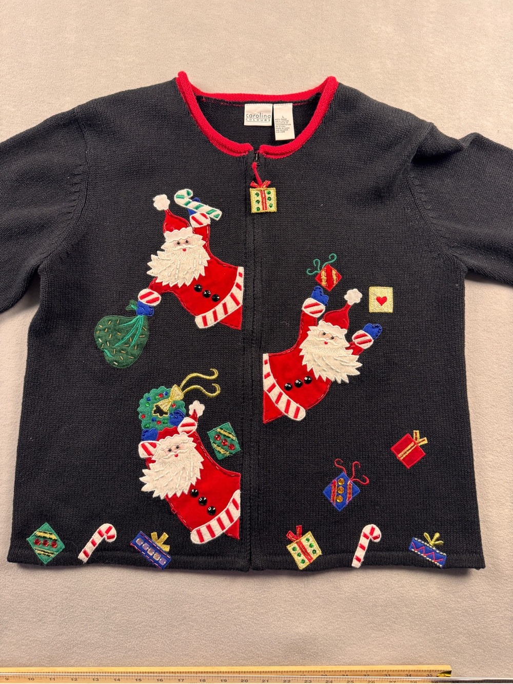 Carolina Colors Christmas Sweater Womens Large Black Red Cardigan Santa 90’s VTG